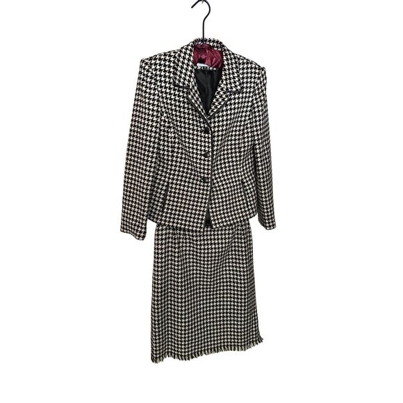 Vintage Kasper APL Houndstooth Black & White Wool 2 Piece Blazer Skirt Set | 10P - Picture 1 of 12